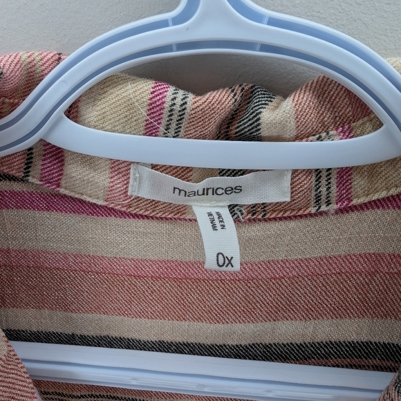 Maurices 0X Striped Pink Beige Tan 1/4 Button Collared Tank Top Blouse - Picture 2 of 8